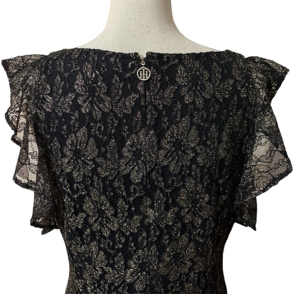 Tommy Hilfiger Black Gold Floral Mesh Lace Dress Flutter Sleeve Dress Sz. 12 - Picture 10 of 14